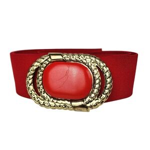 Vtg Red Elastic Wide‎ Belt Gold Oval Buckle Fashion Accessory Women Retro Glam